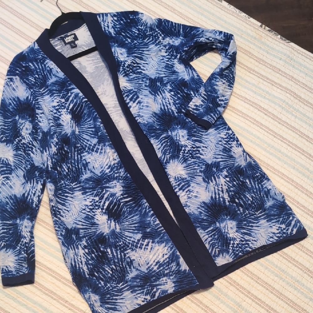 Lands' End Navy and White Knit Cardigan